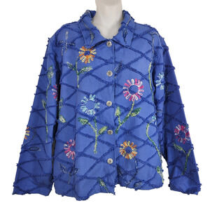 Vintage Tantrums Womens Jacket Blue Embroidered Floral 90s Boho Button Pockets L